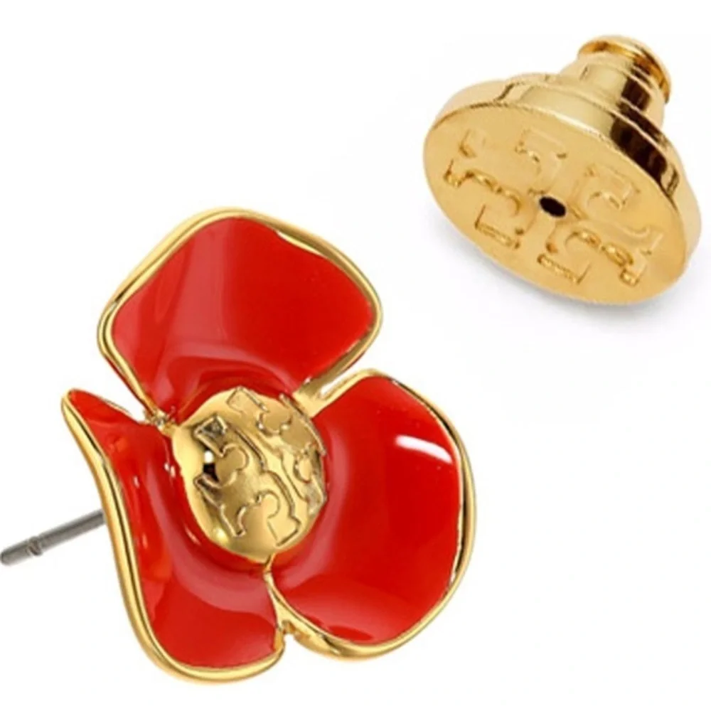 A-1DC-33: TORY BURCH Red Flower w/Gold Trimming Earrings, NWOT